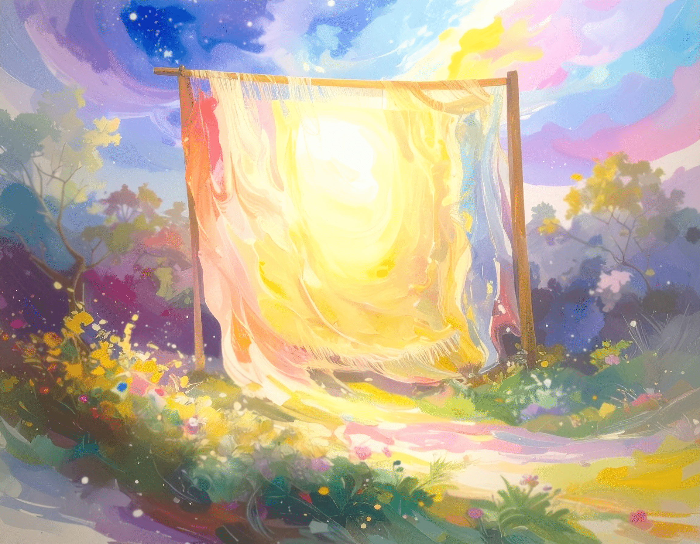 Glowing tapestry on a hilltop at dusk