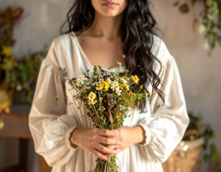 Woman in white holding a bouquet of wildflowers