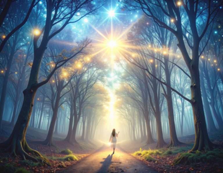 Figure walking through a misty glowing forest path